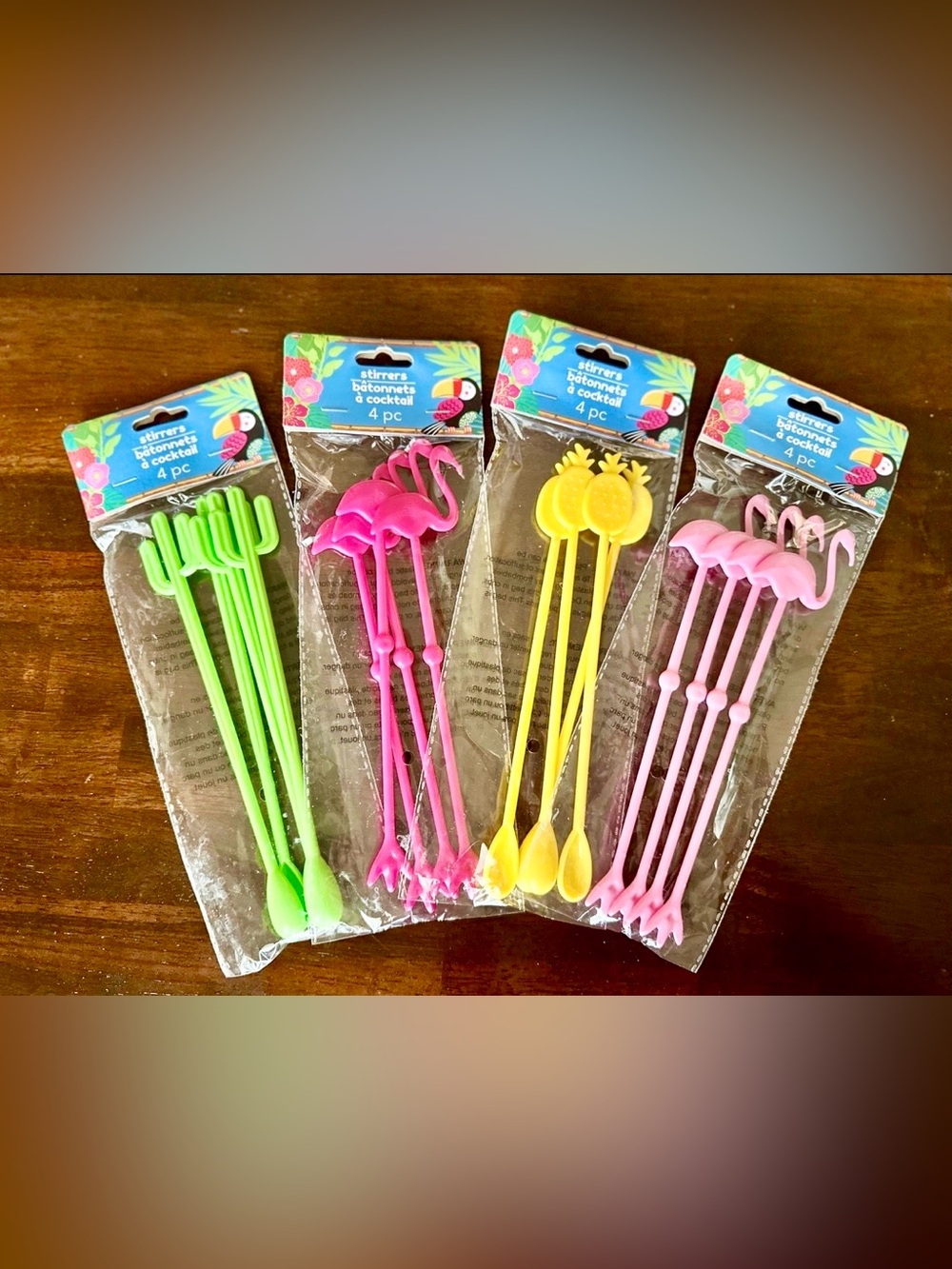 ASSORTED TROPICAL COCKTAIL STIRRERS - PINK, YELLOW, GREEN - 4 SETS